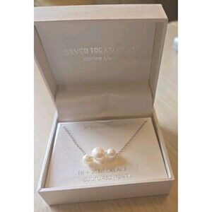 Silver Treasures Sterling Silver Cultured Pearl Necklace Link Chain 16" + 2" NIB